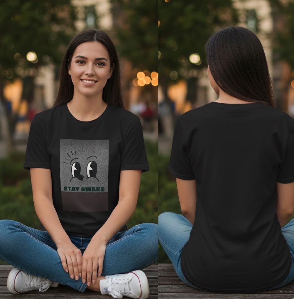Stay Awake Graphic T-Shirt | Minimalist Cartoon Eyes Crew Tee