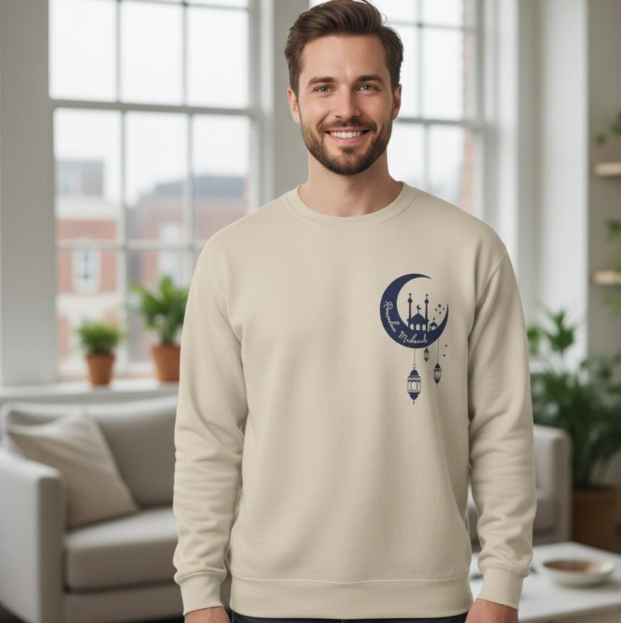 Crescent Mosque Illustration Sweatshirt | Ramadan Moon Lanterns Sweatshirt