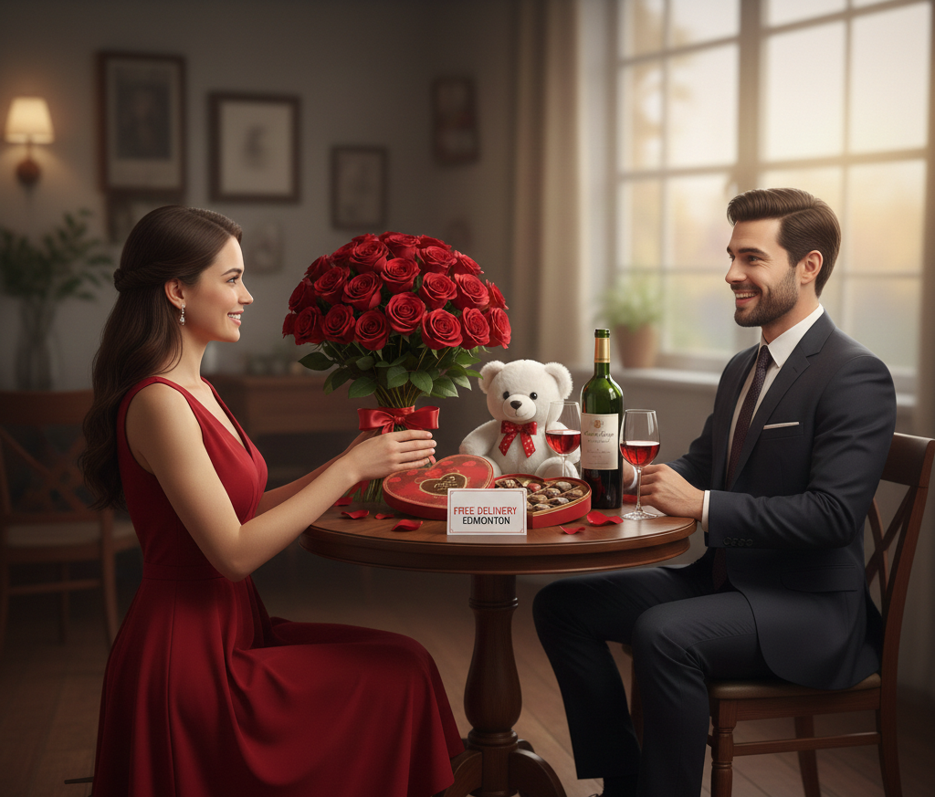 Valentine’s Day Elegance: Luxury Rose, Wine & Chocolate Gift Set | Free Edmonton Delivery