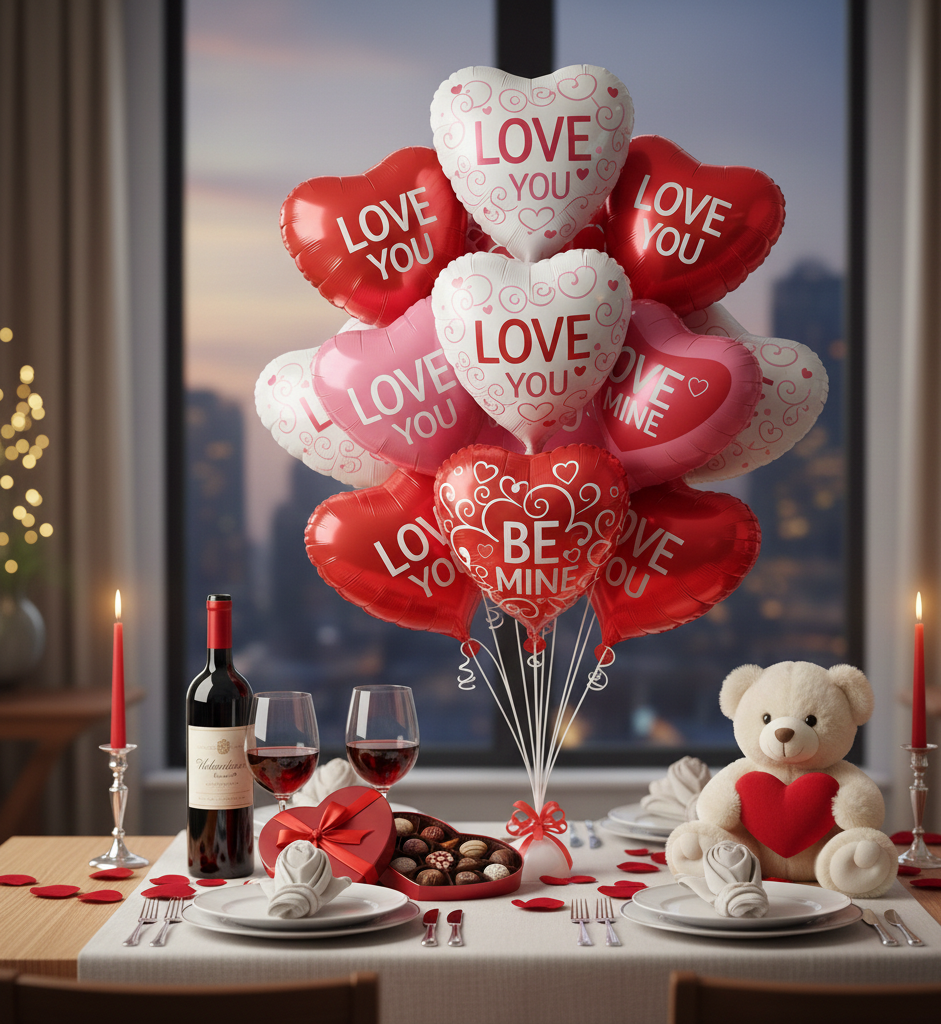 Valentine's Luxury Date Night Gift Basket: Wine & Chocolate Set with Custom Balloon Bouquet, Teddy Bear, & Two Glasses - Perfect Romantic Gift