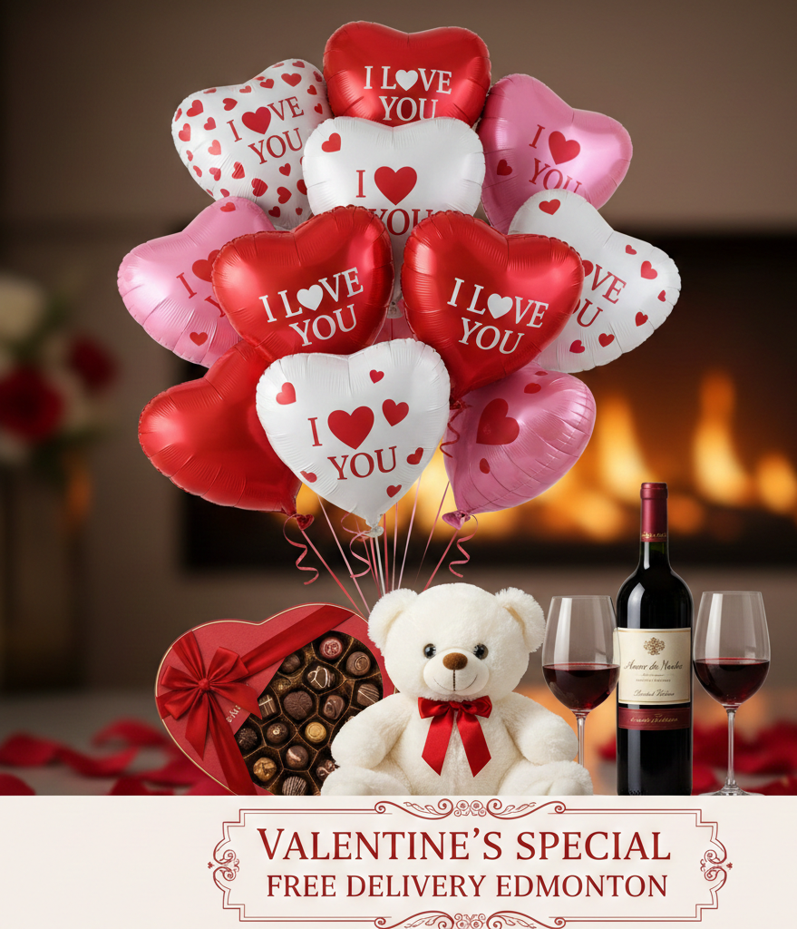 Ultimate Valentine’s Gift Box: Balloon Bouquet, Gourmet Chocolates, Plush Toy, Wine & 2 Glasses + Free Delivery in Edmonton!