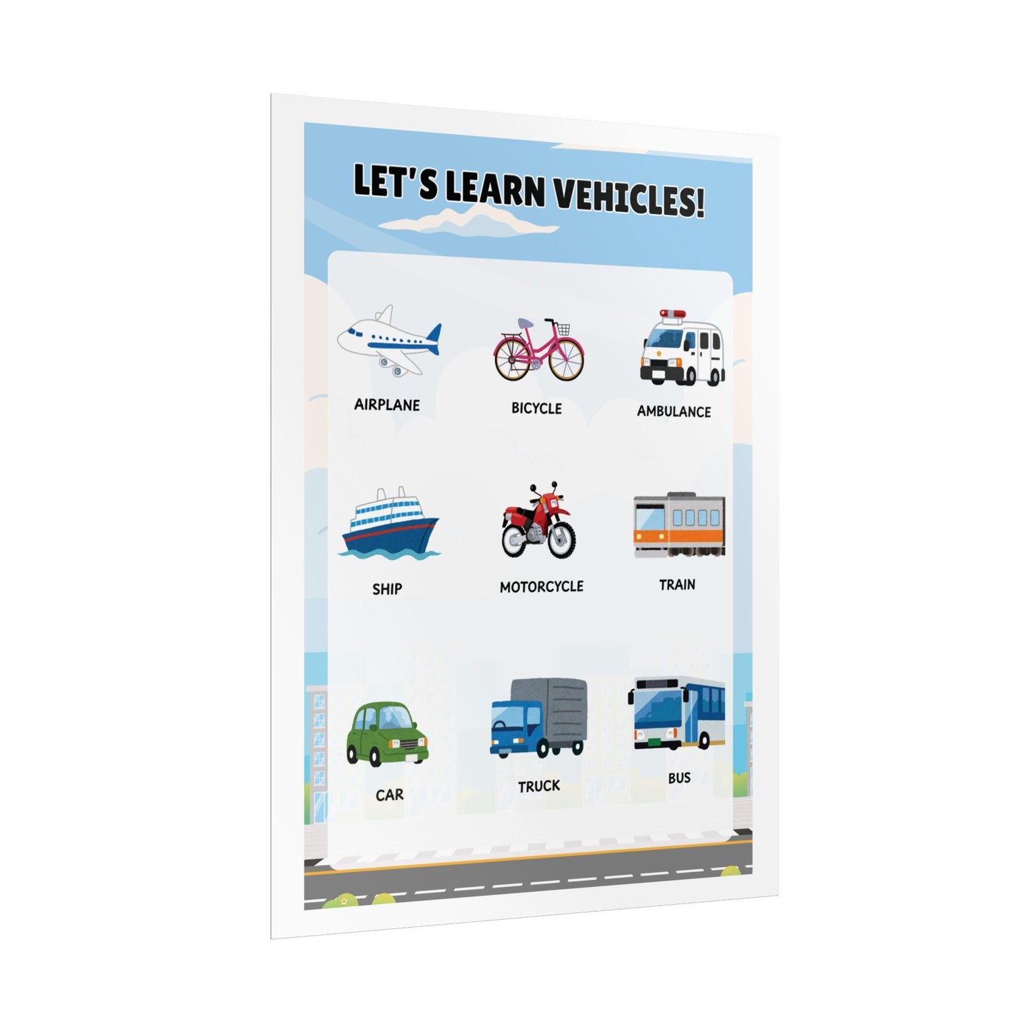 Let's Learn Vehicles Rolled Poster | Kids Educational Transportation Chart