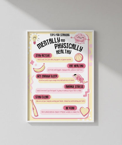Mentally and Physically Healthy Tips Rolled Posters | Mental Health Wall Art