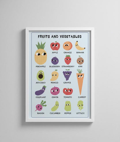 Fruits and Vegetables Chart Rolled Poster | Cute Produce Illustrations