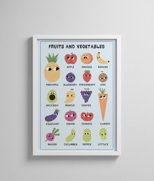 Fruits and Vegetables Chart Rolled Poster | Cute Produce Illustrations