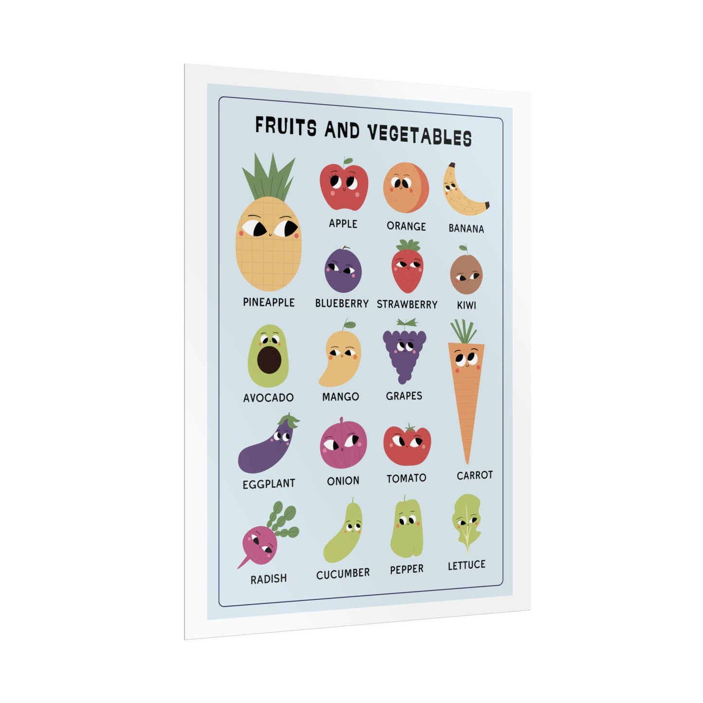 Fruits and Vegetables Chart Rolled Poster | Cute Produce Illustrations