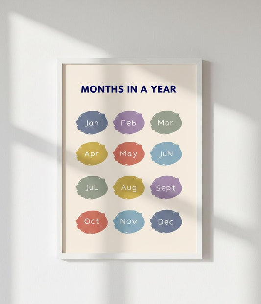 Months in a Year Rolled Poster | Colorful Month Dots Wall Art