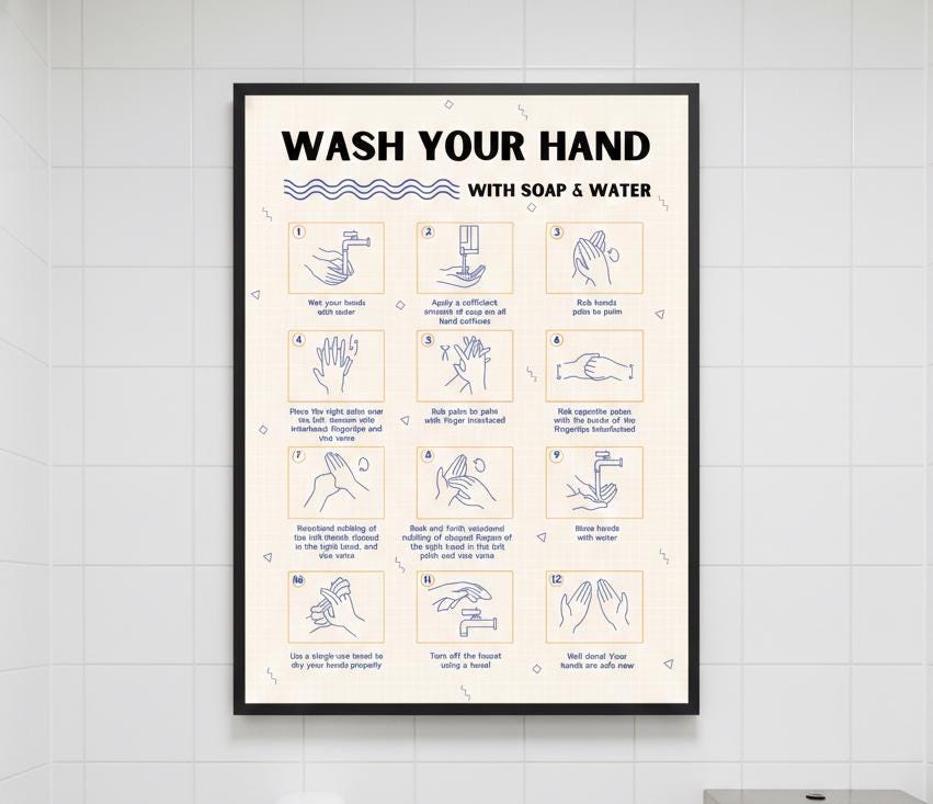 Wash Your Hands instructional poster Rolled Poster | handwashing steps, hygiene infographic