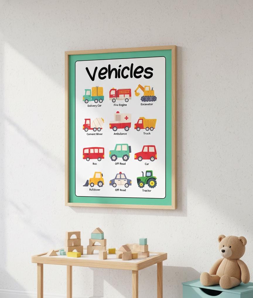 Vehicles Educational Poster, Rolled Poster | Kids Nursery Classroom Wall Art
