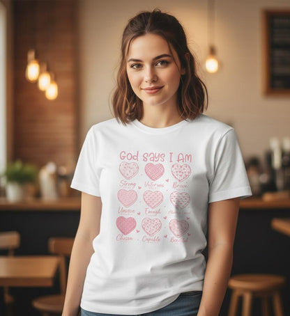 God Says I Am hearts T-Shirt | God Says I Am PNG Christian Valentine | Bible Verse Hearts | Faith Love Scripture Design Tshirt