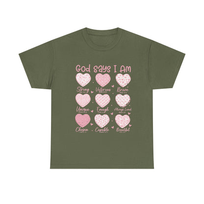 God Says I Am hearts T-Shirt | God Says I Am PNG Christian Valentine | Bible Verse Hearts | Faith Love Scripture Design Tshirt
