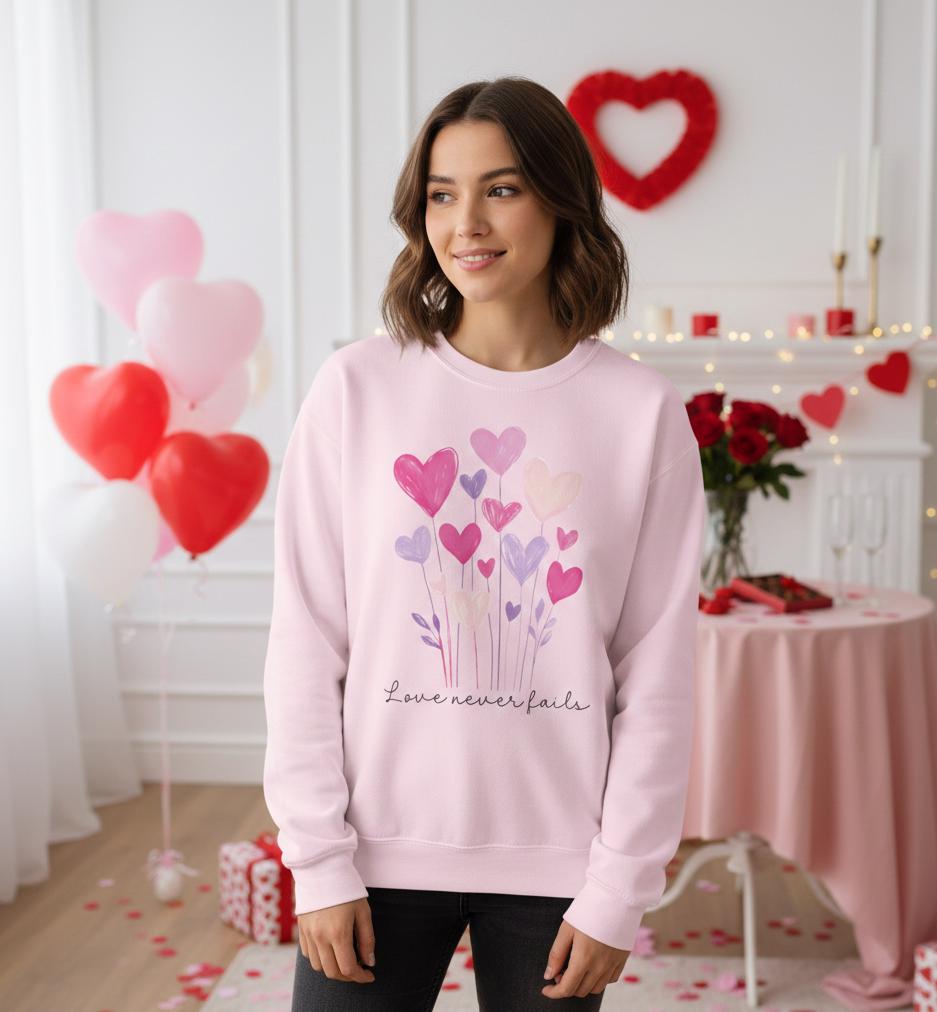 Valentines Sweatshirt - Christian Valentines Day |  Love Never Fails Sweatshirt | Vday Sweatshirt | Xoxo Sweatshirt