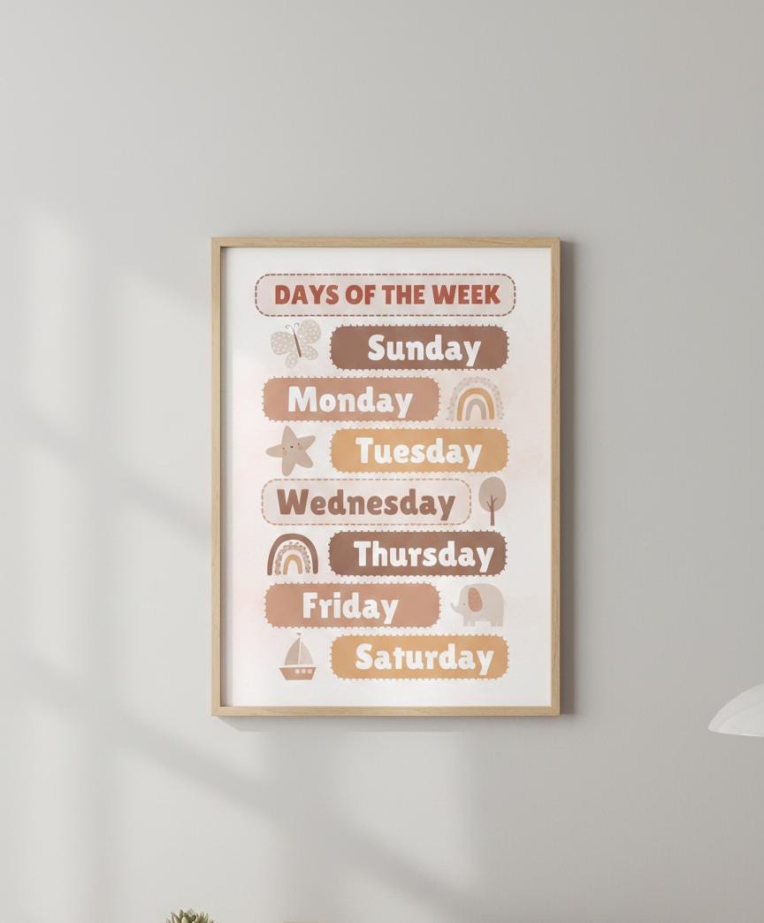 Days of the Week Kids Chart Rolled Posters | Nursery Wall Art, Beige Rainbow