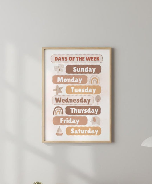 Days of the Week Kids Chart Rolled Posters | Nursery Wall Art, Beige Rainbow
