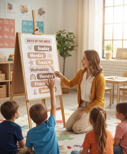 Days of the Week Kids Chart Rolled Posters | Nursery Wall Art, Beige Rainbow