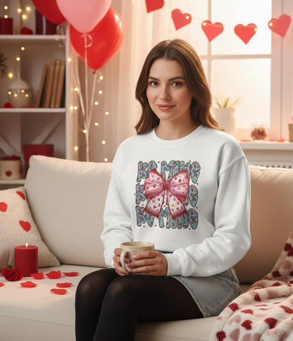 Heart Bow Pattern sweatshirt | Be Mine Bow sweatshirt |  Cute Dtf Transfer Sweatshirt | Trendy Transfer Sweatshirt