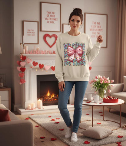 Heart Bow Pattern sweatshirt | Be Mine Bow sweatshirt |  Cute Dtf Transfer Sweatshirt | Trendy Transfer Sweatshirt