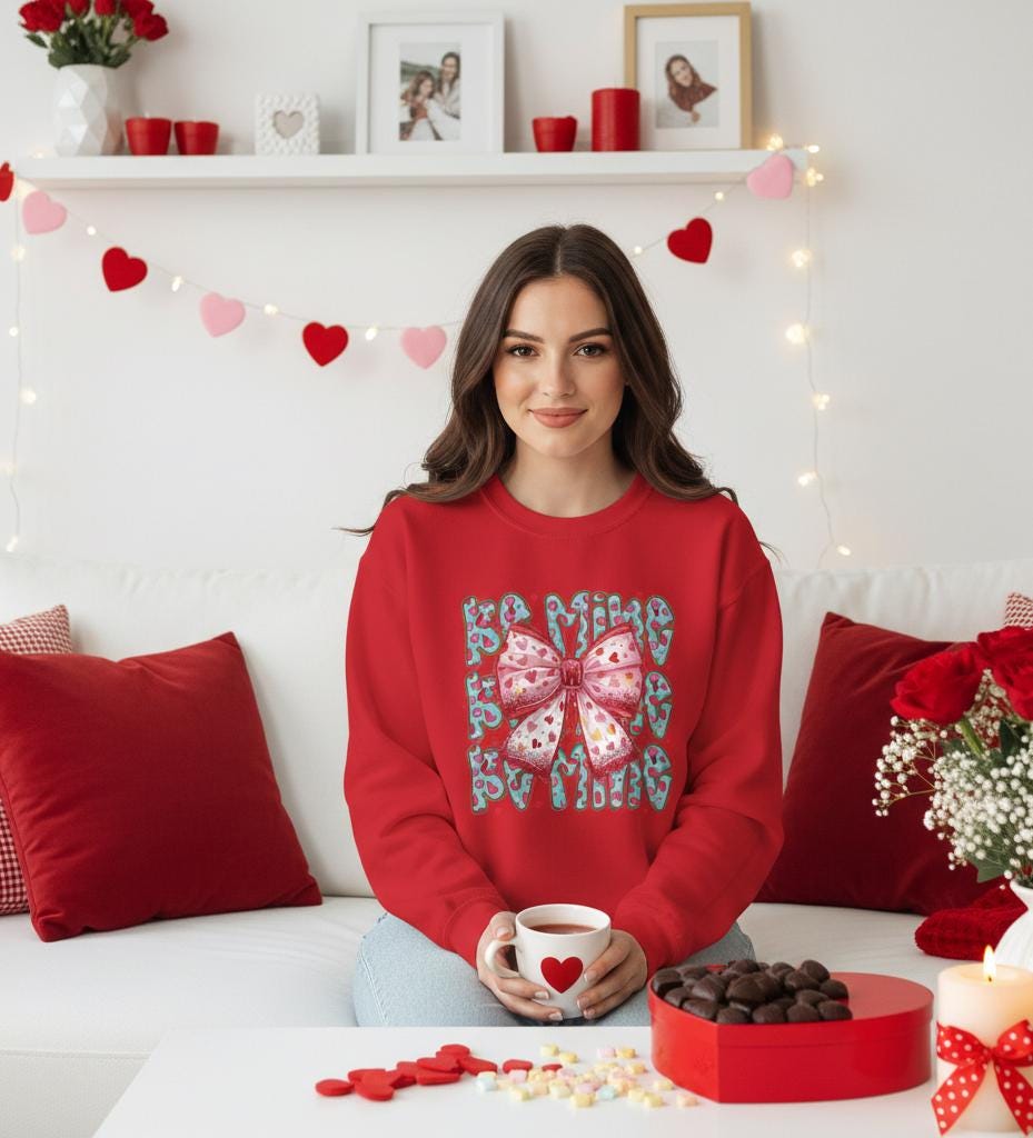 Heart Bow Pattern sweatshirt | Be Mine Bow sweatshirt |  Cute Dtf Transfer Sweatshirt | Trendy Transfer Sweatshirt