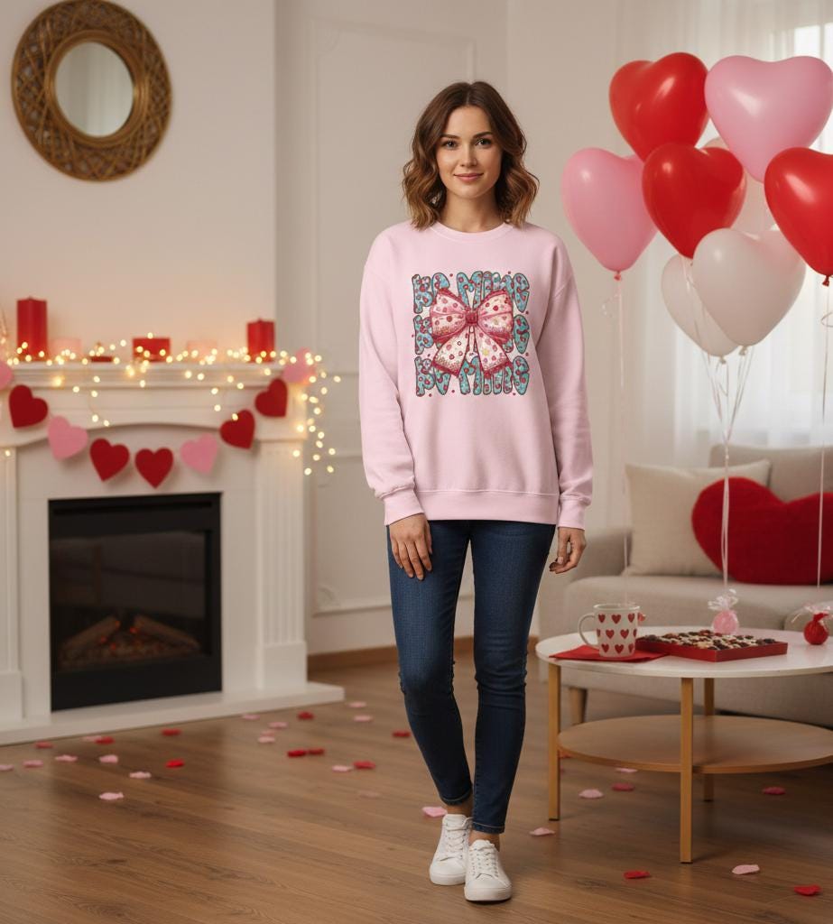 Heart Bow Pattern sweatshirt | Be Mine Bow sweatshirt |  Cute Dtf Transfer Sweatshirt | Trendy Transfer Sweatshirt