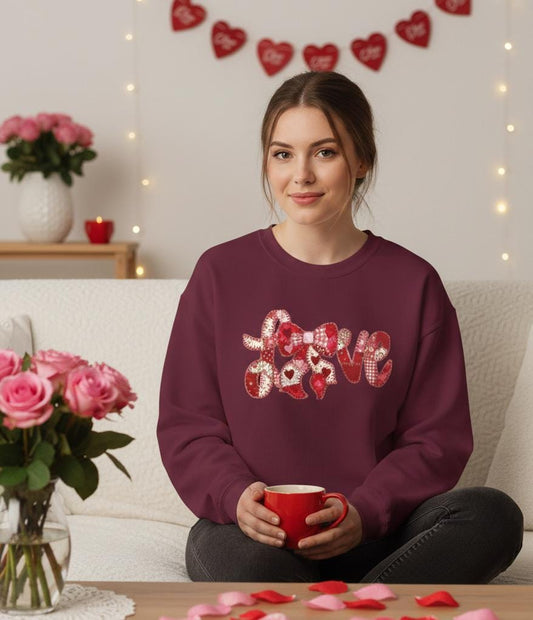 Love Patchwork Sweatshirt | Valentine Bow Gingham Heart Sweatshirt | Stitched Quilt Letters Sublimation Sweatshirt | Retro Love SweatShirt