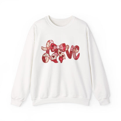 Love Patchwork Sweatshirt | Valentine Bow Gingham Heart Sweatshirt | Stitched Quilt Letters Sublimation Sweatshirt | Retro Love SweatShirt