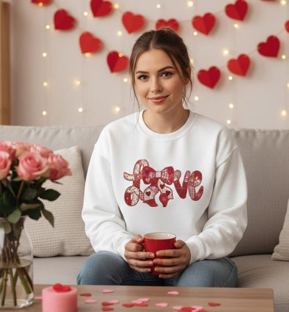 Love Patchwork Sweatshirt | Valentine Bow Gingham Heart Sweatshirt | Stitched Quilt Letters Sublimation Sweatshirt | Retro Love SweatShirt