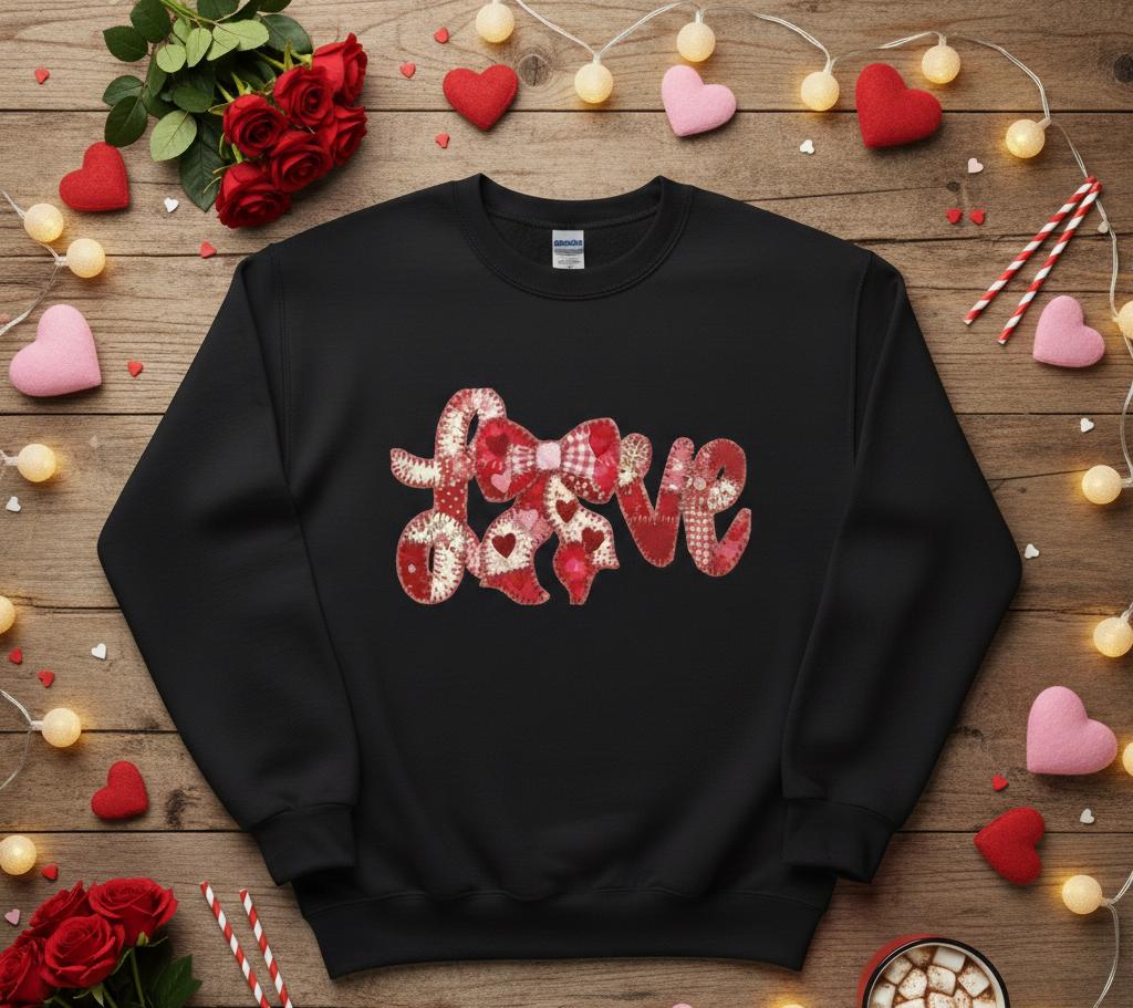 Love Patchwork Sweatshirt | Valentine Bow Gingham Heart Sweatshirt | Stitched Quilt Letters Sublimation Sweatshirt | Retro Love SweatShirt