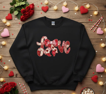 Love Patchwork Sweatshirt | Valentine Bow Gingham Heart Sweatshirt | Stitched Quilt Letters Sublimation Sweatshirt | Retro Love SweatShirt
