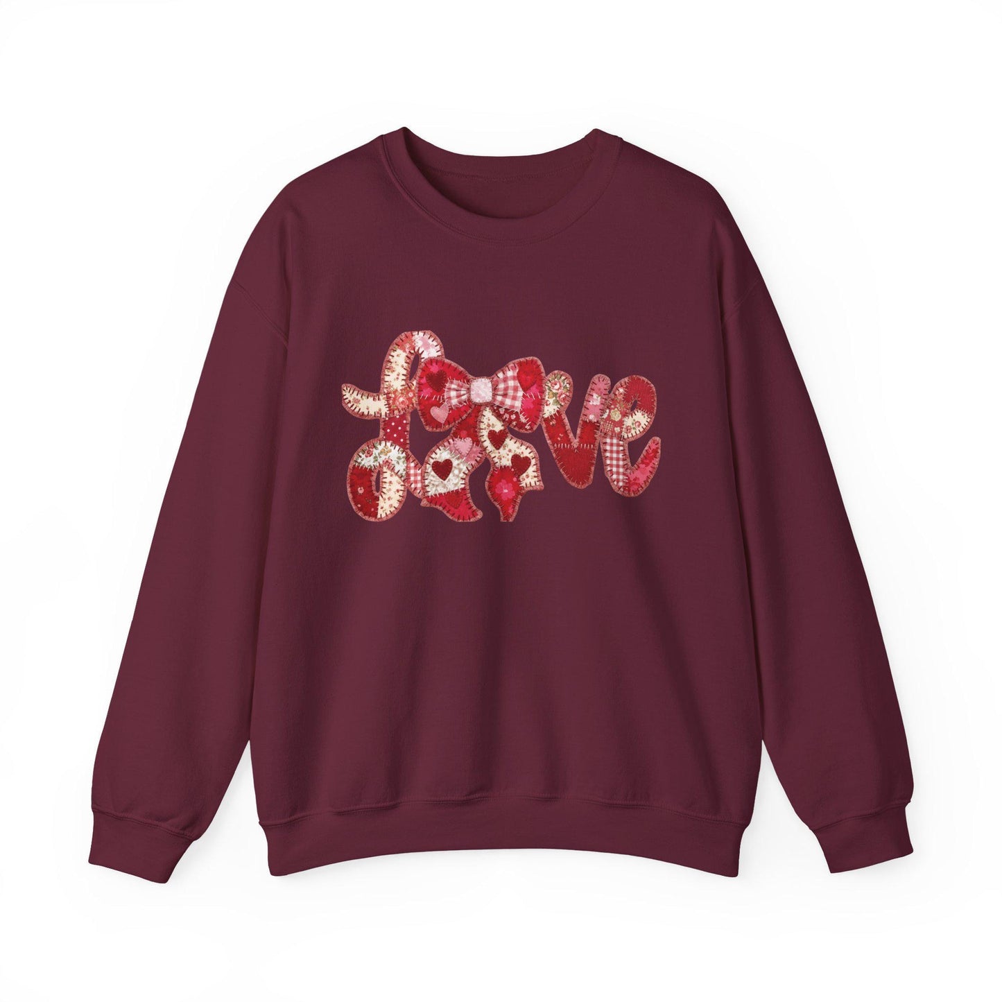 Love Patchwork Sweatshirt | Valentine Bow Gingham Heart Sweatshirt | Stitched Quilt Letters Sublimation Sweatshirt | Retro Love SweatShirt