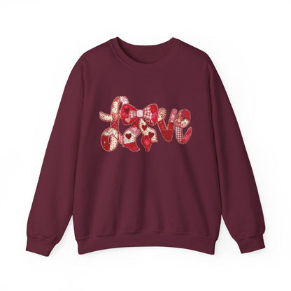 Love Patchwork Sweatshirt | Valentine Bow Gingham Heart Sweatshirt | Stitched Quilt Letters Sublimation Sweatshirt | Retro Love SweatShirt