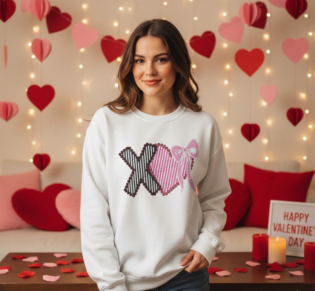 Valentines Sweatshirt | Xoxo Coquette Sweatshirt | V Day Seersucker Sweatshirt | Girly Sweatshirt |  Faux Glitter Sweatshirt