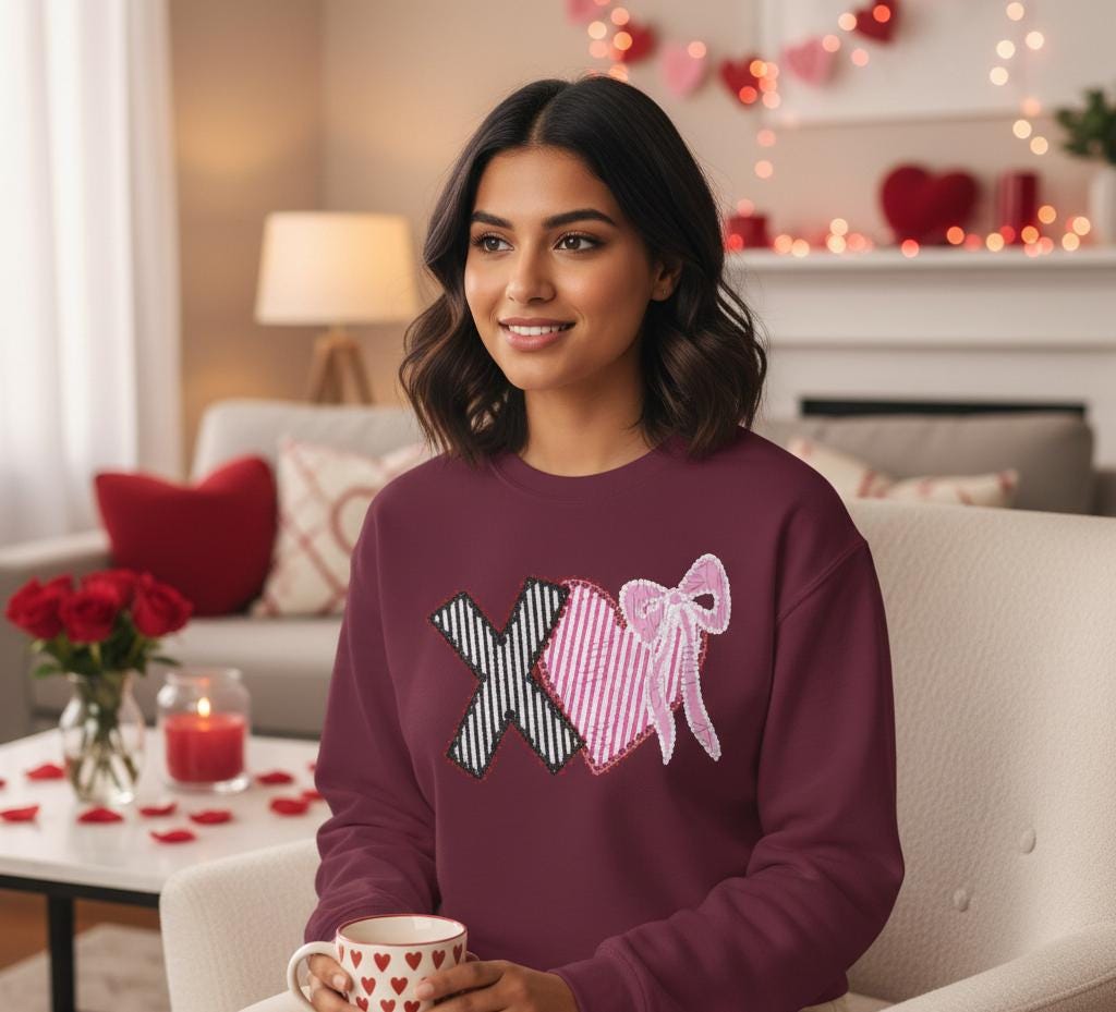 Valentines Sweatshirt | Xoxo Coquette Sweatshirt | V Day Seersucker Sweatshirt | Girly Sweatshirt |  Faux Glitter Sweatshirt