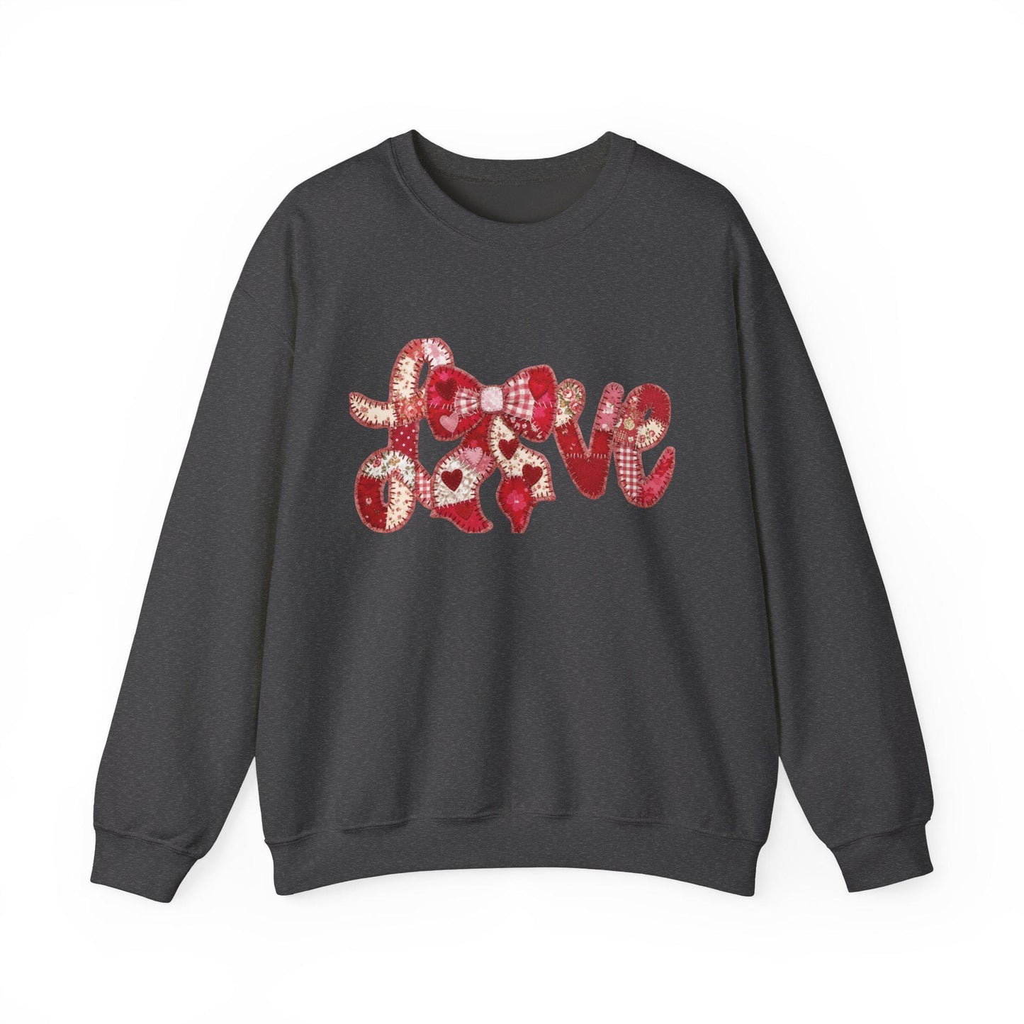 Love Patchwork Sweatshirt | Valentine Bow Gingham Heart Sweatshirt | Stitched Quilt Letters Sublimation Sweatshirt | Retro Love SweatShirt