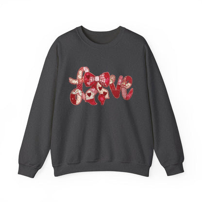Love Patchwork Sweatshirt | Valentine Bow Gingham Heart Sweatshirt | Stitched Quilt Letters Sublimation Sweatshirt | Retro Love SweatShirt