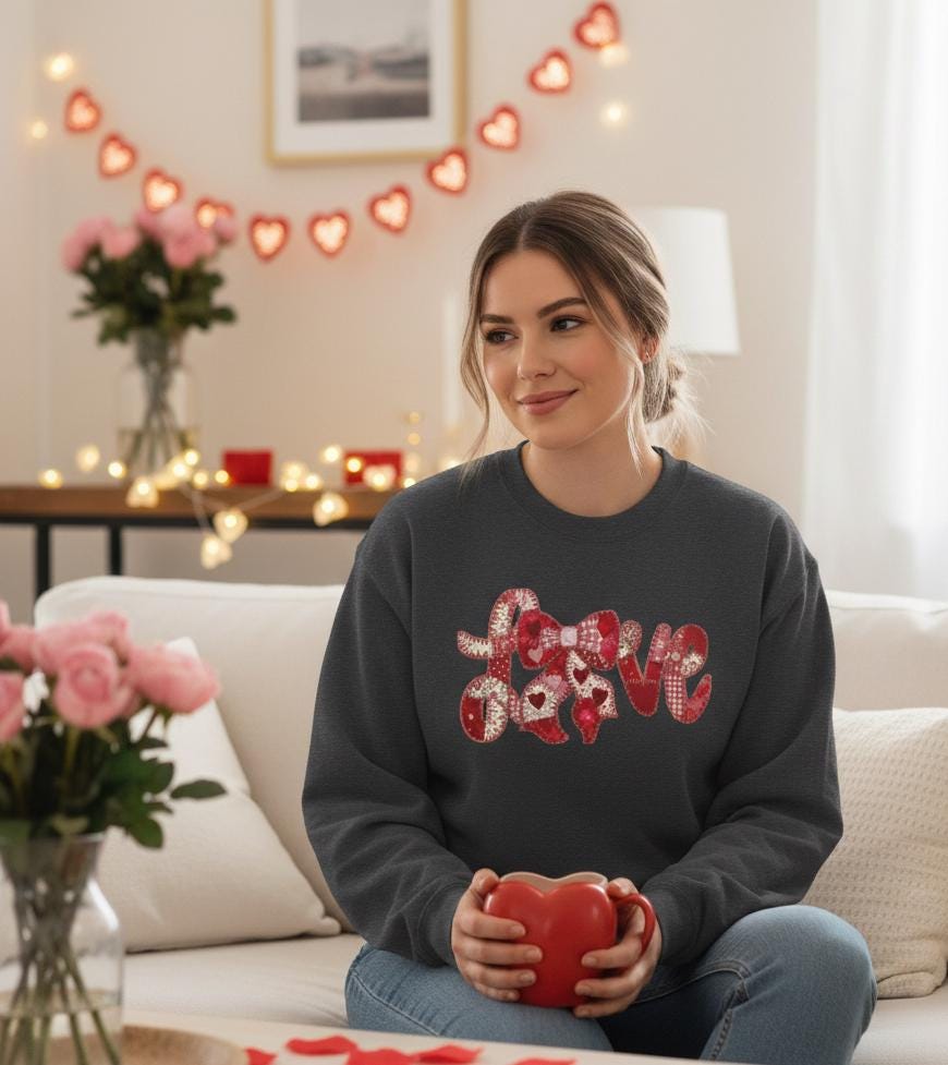 Love Patchwork Sweatshirt | Valentine Bow Gingham Heart Sweatshirt | Stitched Quilt Letters Sublimation Sweatshirt | Retro Love SweatShirt
