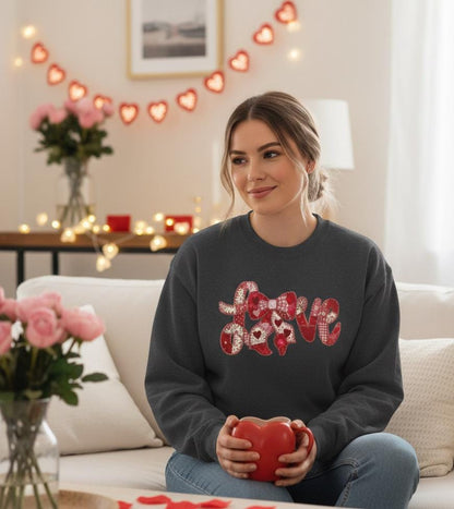 Love Patchwork Sweatshirt | Valentine Bow Gingham Heart Sweatshirt | Stitched Quilt Letters Sublimation Sweatshirt | Retro Love SweatShirt