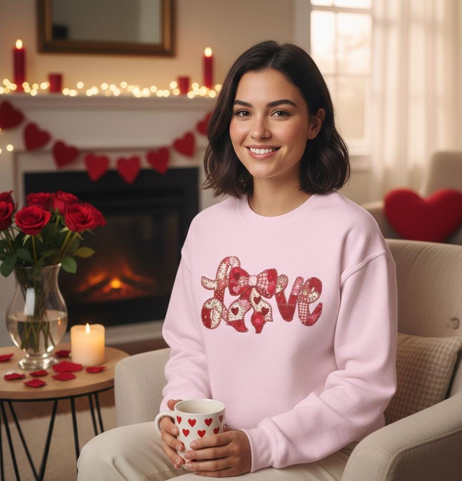 Love Patchwork Sweatshirt | Valentine Bow Gingham Heart Sweatshirt | Stitched Quilt Letters Sublimation Sweatshirt | Retro Love SweatShirt
