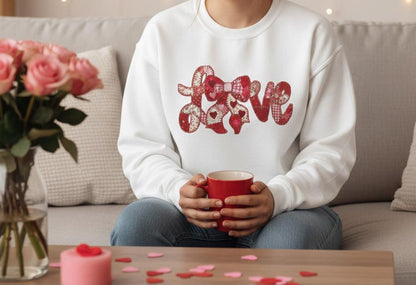 Love Patchwork Sweatshirt | Valentine Bow Gingham Heart Sweatshirt | Stitched Quilt Letters Sublimation Sweatshirt | Retro Love SweatShirt