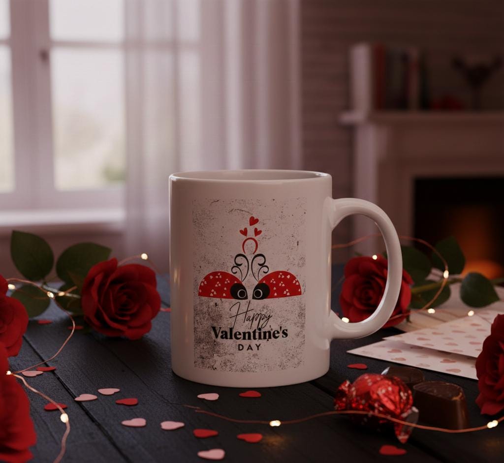 Valentine Ladybug Illustration Mug | Ceramic Coffee Cup