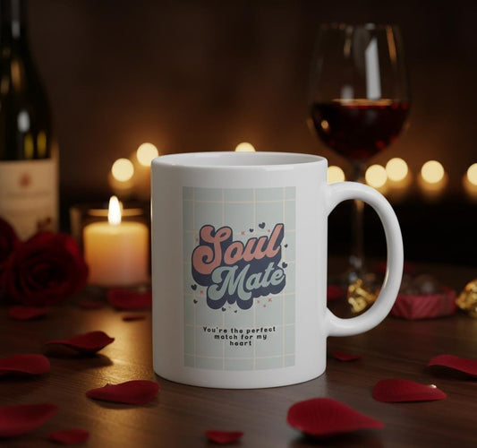 Soul Mate mug | Retro script design, pastel grid, romance quote