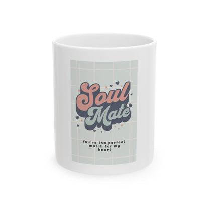 Soul Mate mug | Retro script design, pastel grid, romance quote