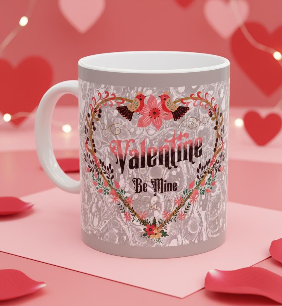 Valentine Be Mine Floral Heart Mug | Romantic Typography Coffee Cup