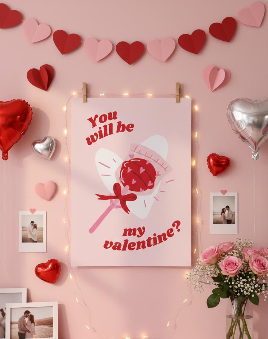 Retro Lollipop Valentine Poster, Pink & Red 70s Style (Digital Download)