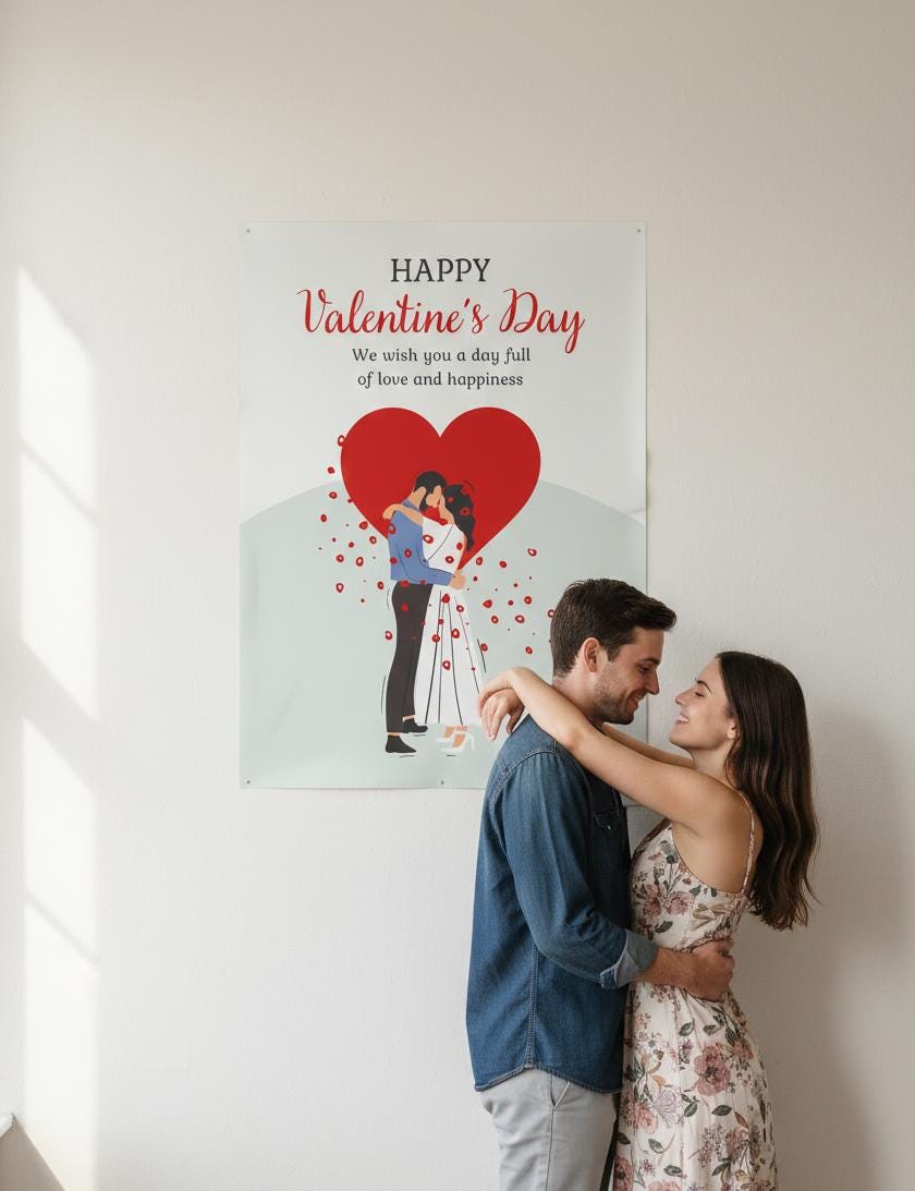 Happy Valentines Day couple poster Rolled Poster | Romantic heart illustration