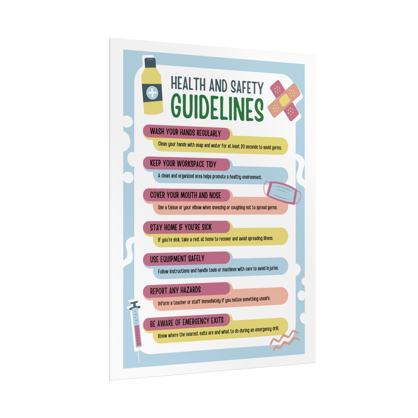Health and Safety Guidelines Rolled Poster | Workplace Safety Chart, Hygiene Reminder