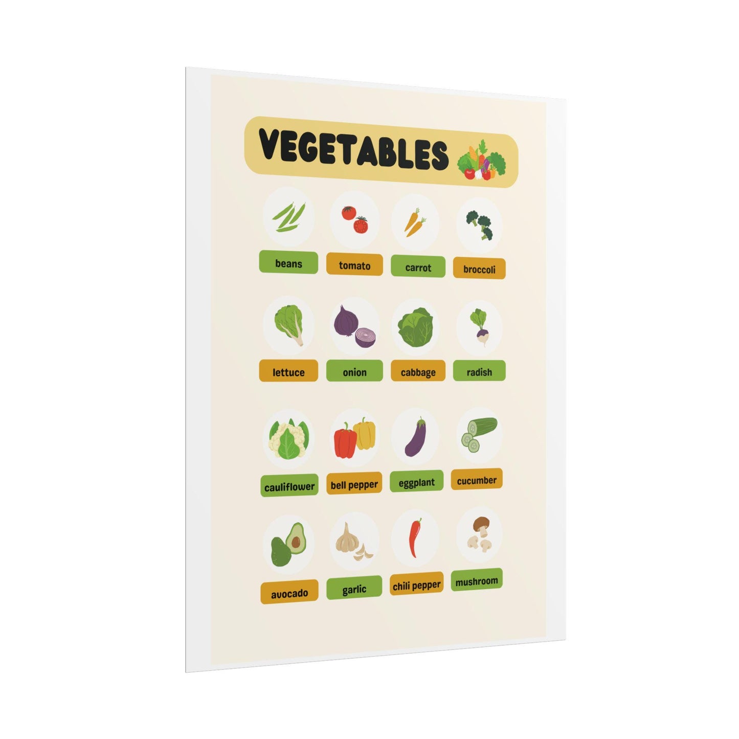 Vegetables Chart Rolled Poster | Kitchen Wall Art, Educational Produce Print