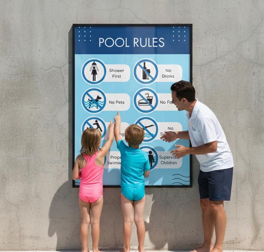 Pool Rules Rolled Poster | Swimming Pool Safety Sign, Shower No Food No Pets