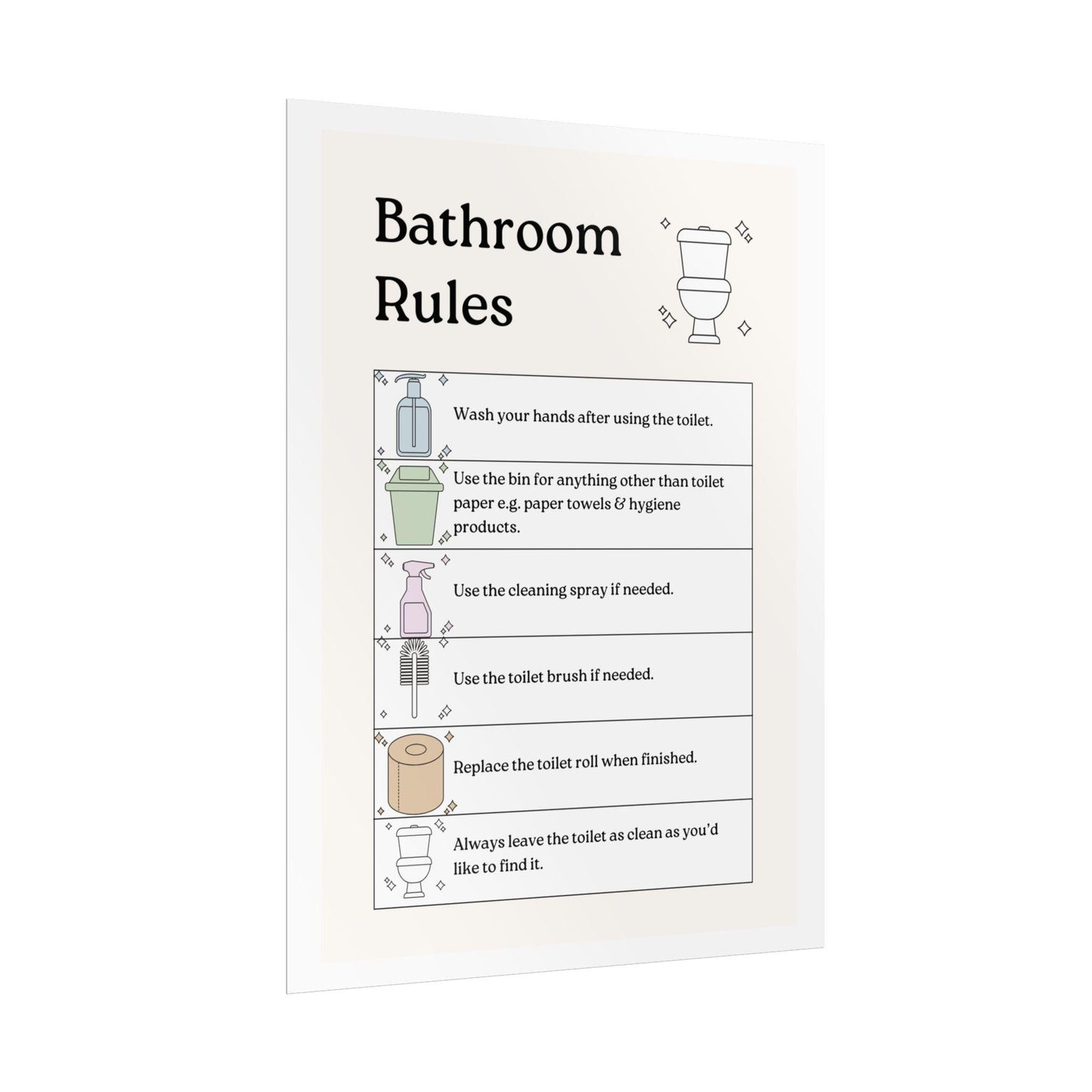 Bathroom Rules Rolled Posters | Illustrated Toilet Etiquette Wall Art