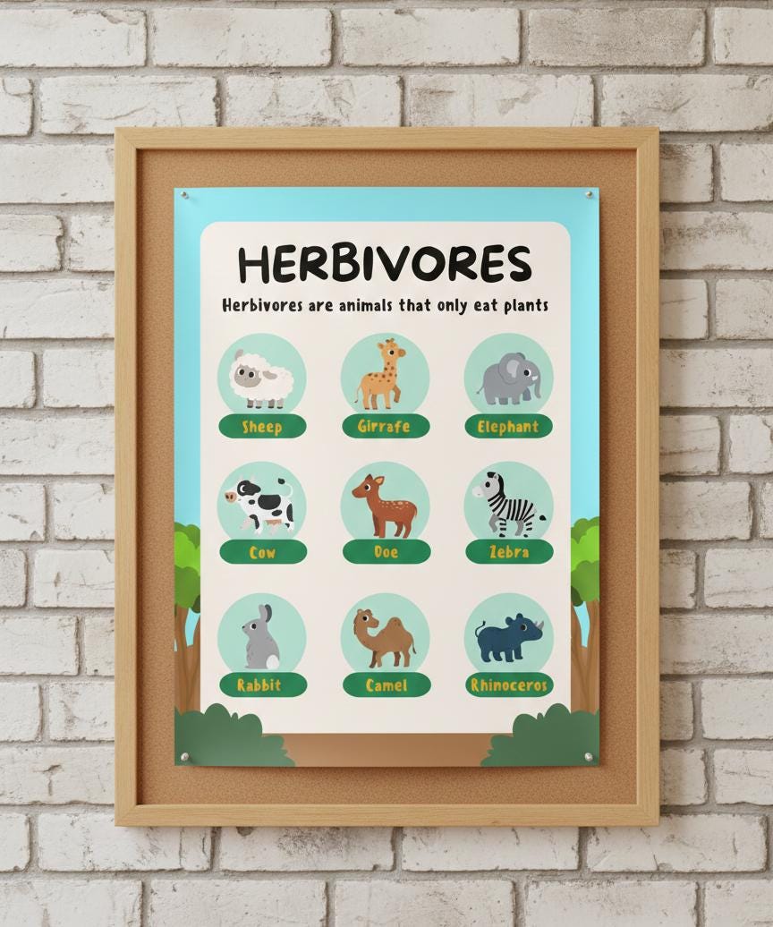 Herbivores Animals Chart Rolled Posters | Educational Kids Room Wall Art