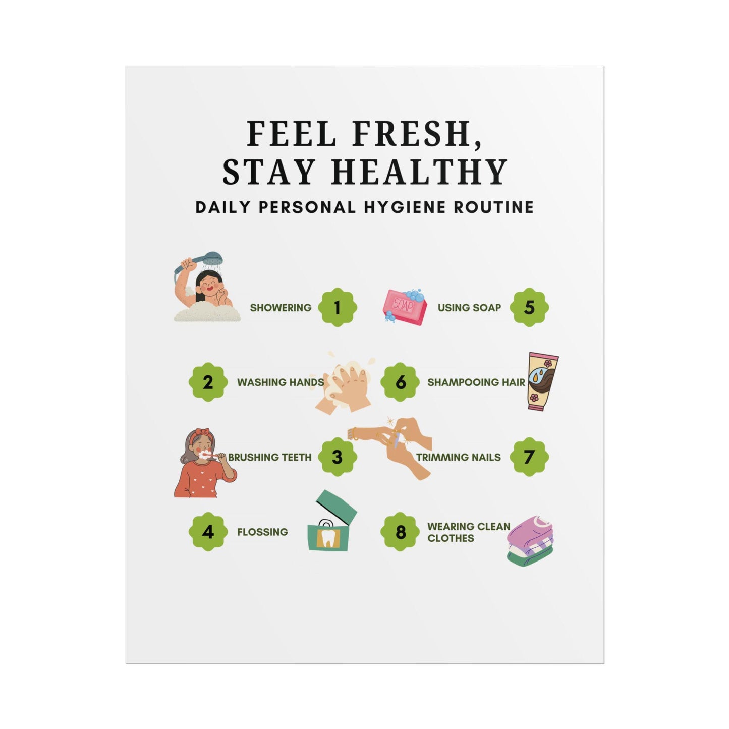 Personal Hygiene Routine Rolled Poster | Feel Fresh Stay Healthy Wall Art